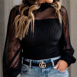 Sheer Dotty Long Sleeve Ribbed Velvet Body Suit
